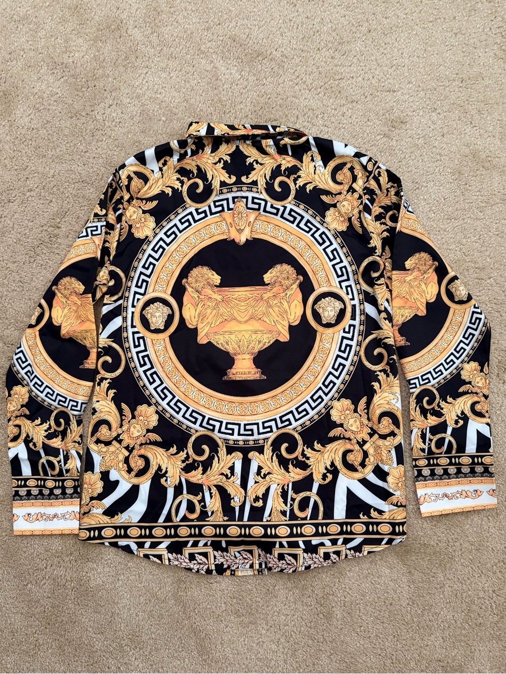 Baroque-Print Long-Sleeve Blouse in Black and Gold